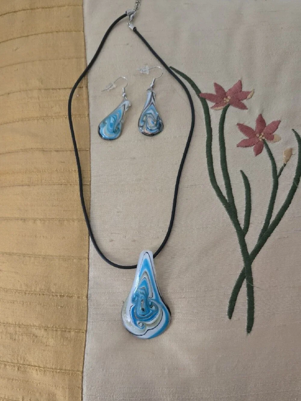 Blue Swirl Teardrop Necklace & Earring Set Glass